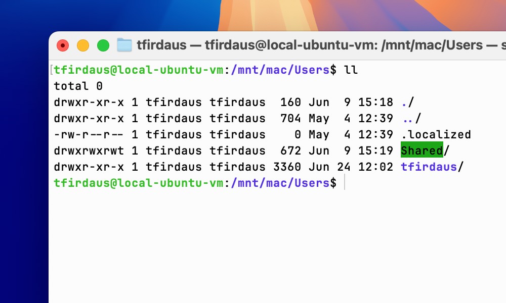 OrbStack SSH terminal directory listing
