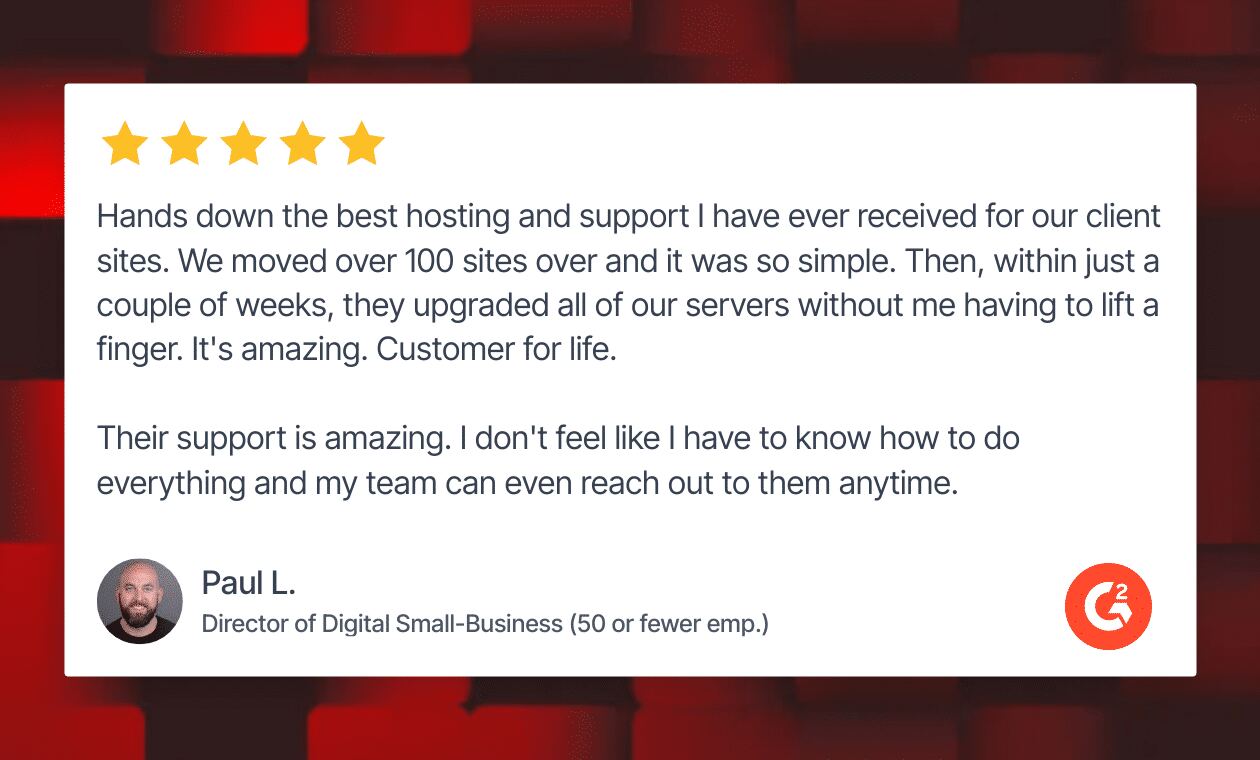 Customer review from Paul L displayed in a testimonial card.