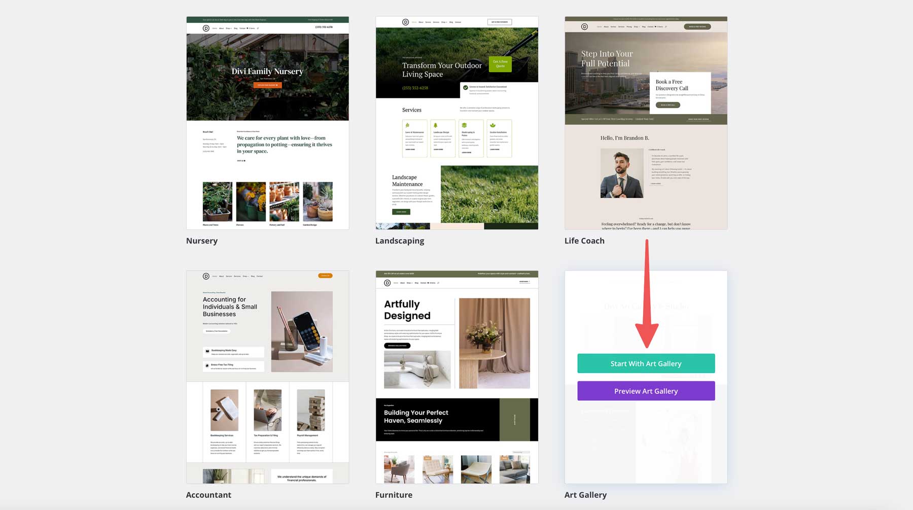 Art Gallery starter site for Divi