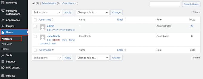 Updating a user's profile inside the WordPress dashboard 