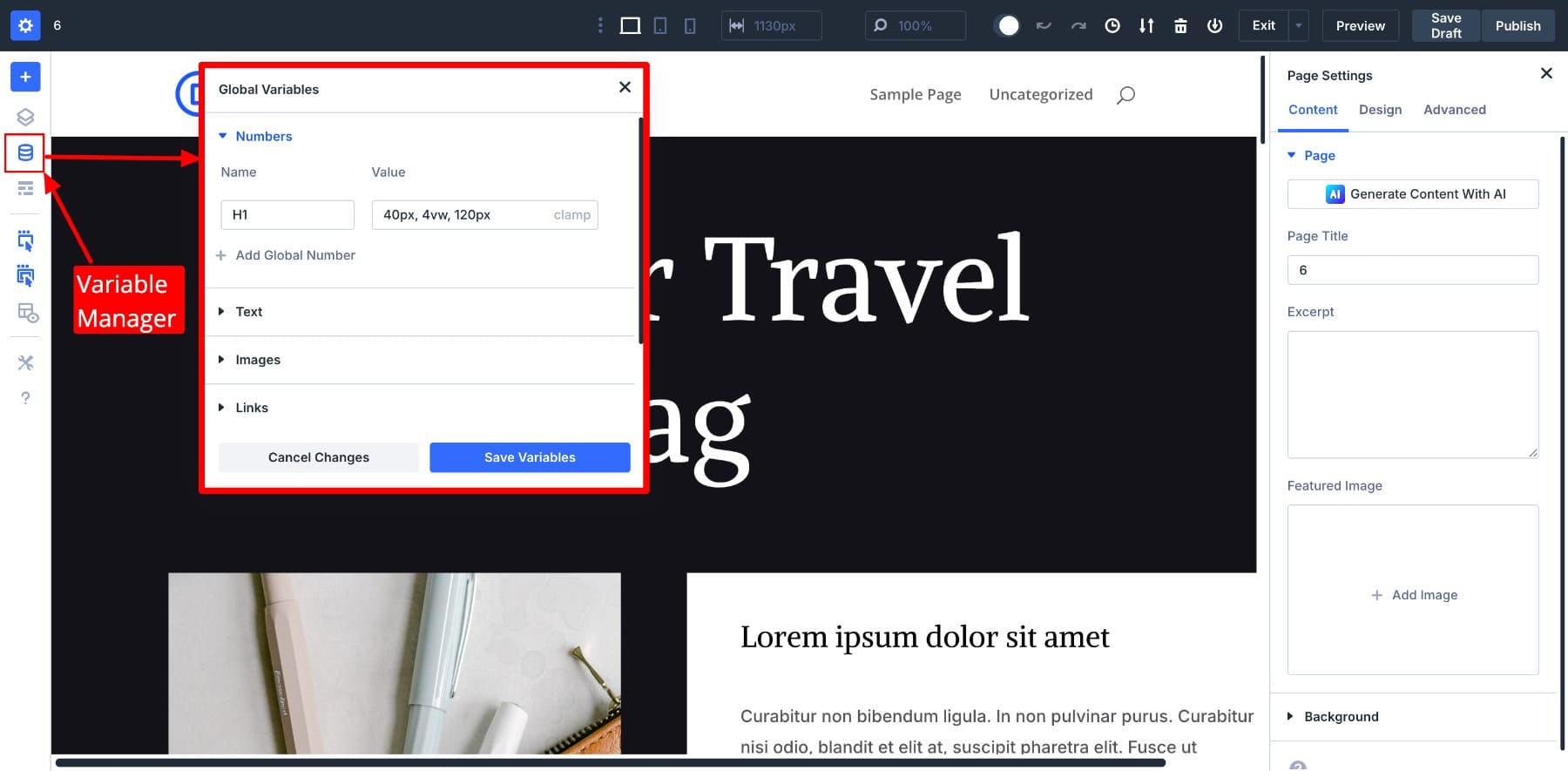 variable manager in divi 5