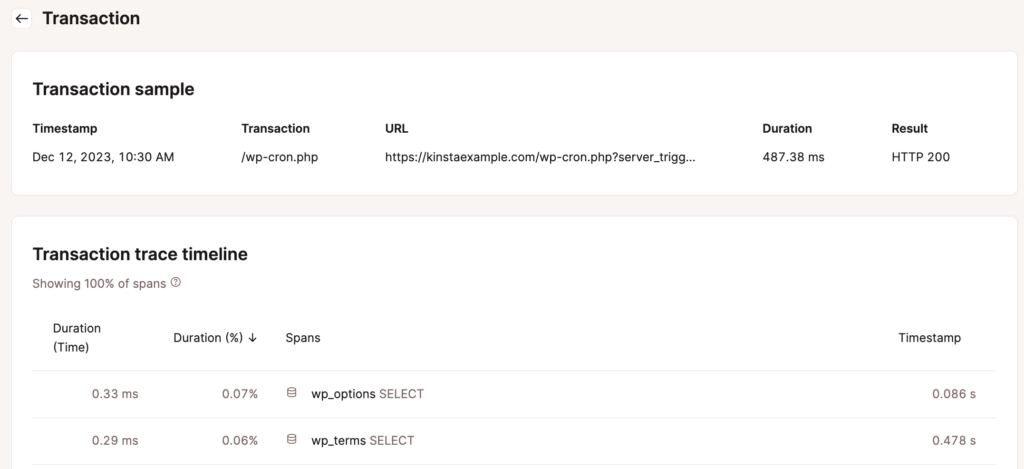 The Kinsta APM Tool interface displaying a transaction sample for wp-cron.php. The table shows a timestamp, duration, and result. Below is a transaction trace timeline showing database queries with their respective durations and percentages.