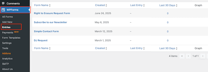 Managing data request submissions in the WordPress dashboard 