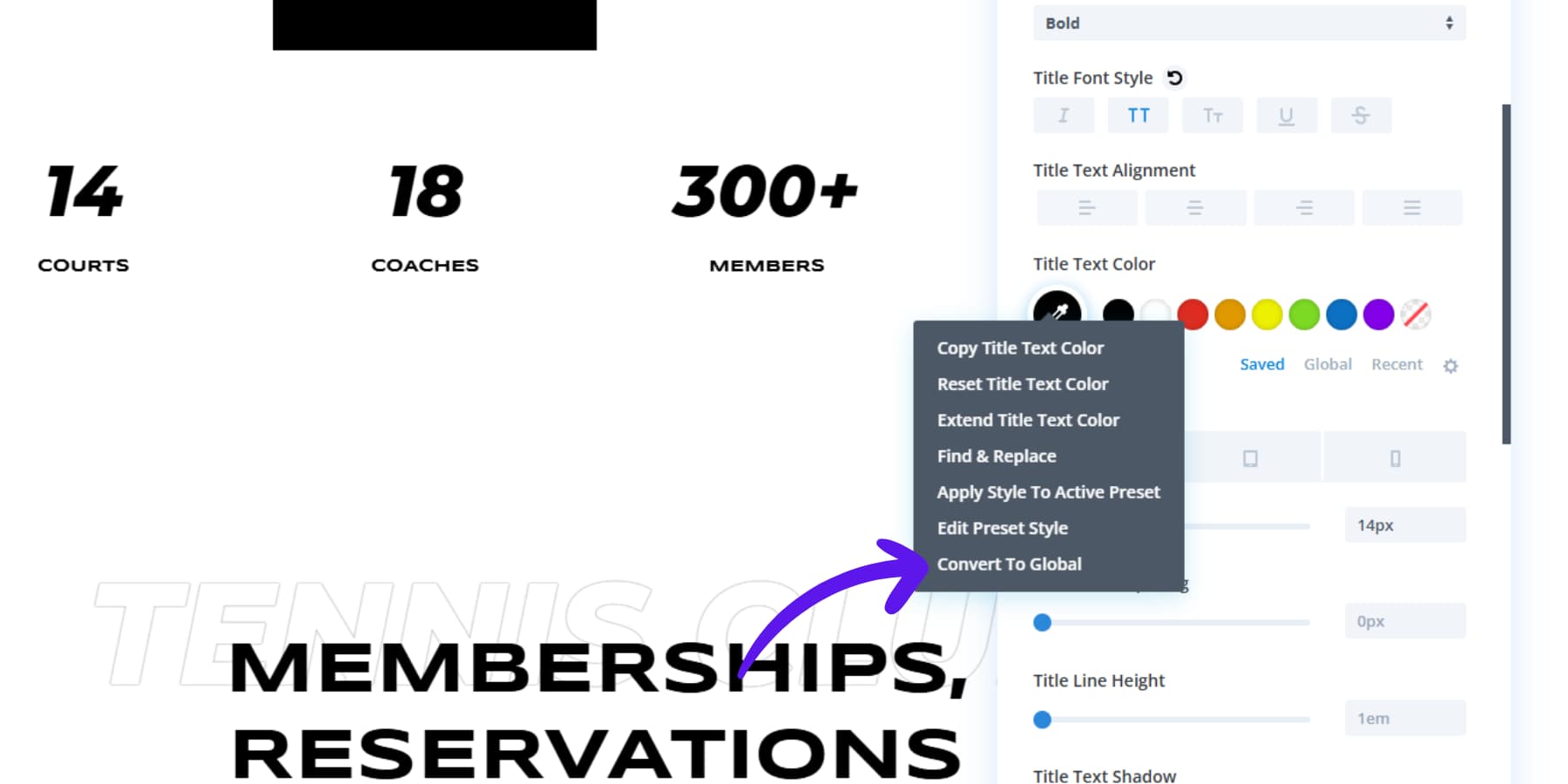 A screenshot of how to convert current colors to global colors in Divi 4
