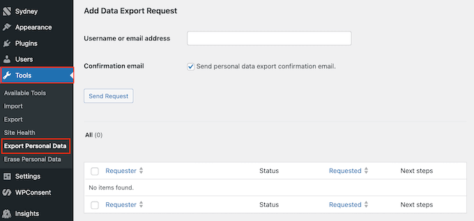 Exporting the user's data using the built-in WordPress tools