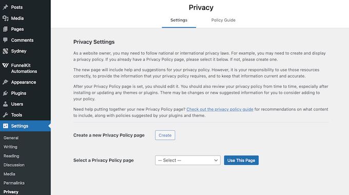 Generating a privacy policy using the built-in WordPress tools