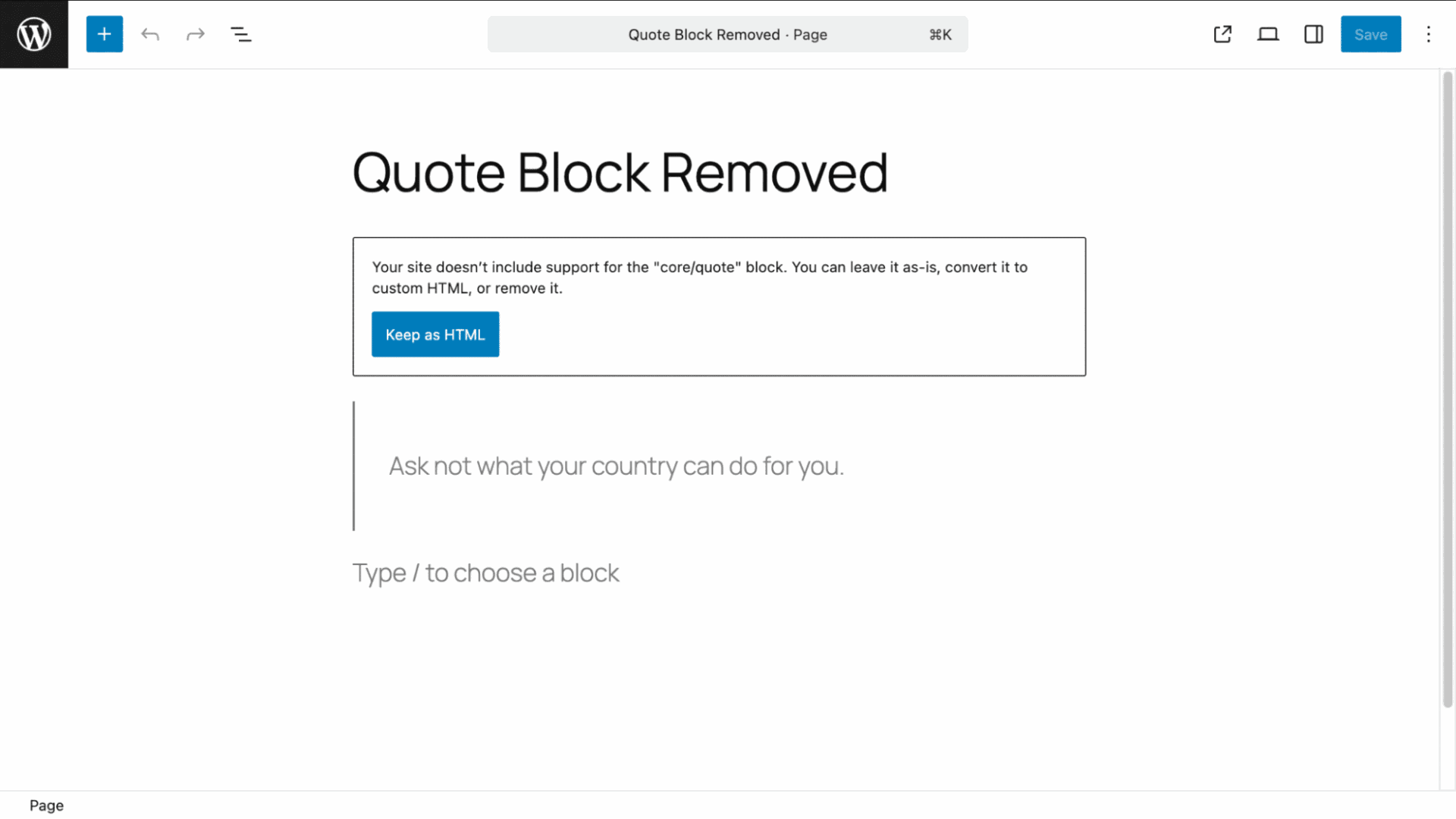 Page editor view after the Quote block has been removed.