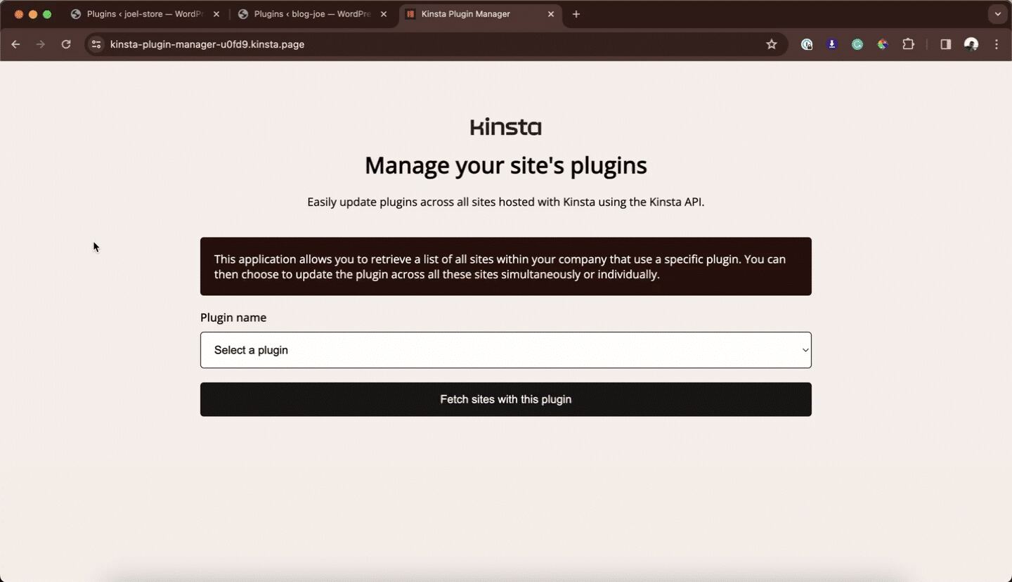 Mini web app built to automate WordPress plugin updates using the Kinsta API.
