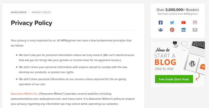 WPBeginner's privacy policy 