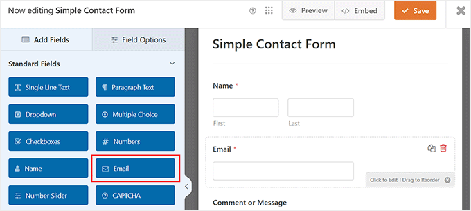 Add email field in the form that you created with WPForms