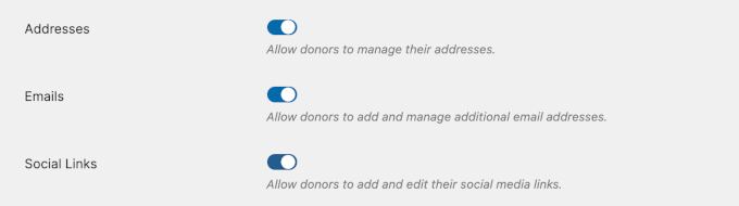 Address, email, and social links options in Donor Dashboard