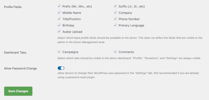 Profile, Overview, and Password options in Donor Dashboard