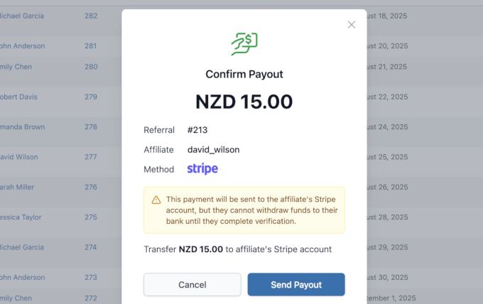 AffiliateWP send payout