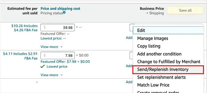Click the Send/Replenish Inventory button