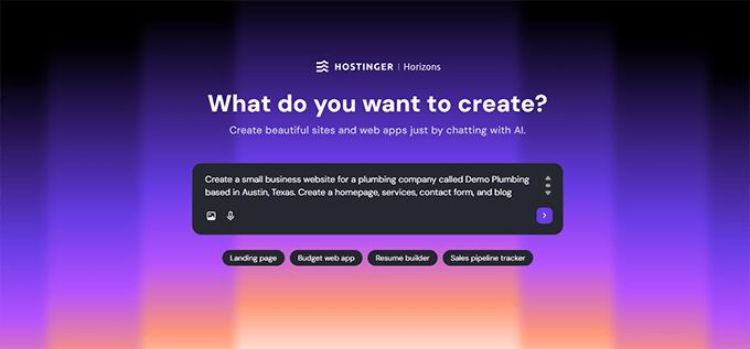 Prompting Hostinger Horizons to vibe code a website