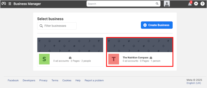 Select a business in Meta business manager