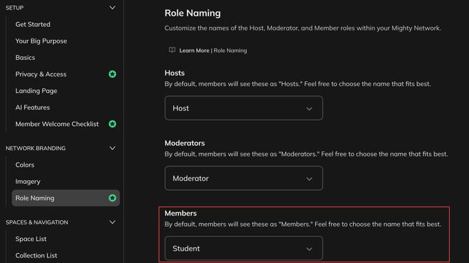 Customizing Roles in Mighty Networks