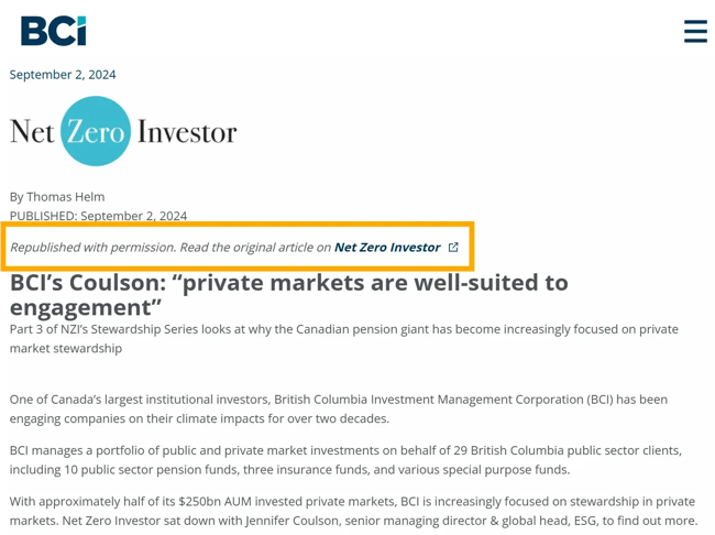 an annotated screenshot shows a caveat on syndicated content. an orange box is around content that reads: “republished with permission.” the image shows syndication best practice with a link to the original url.