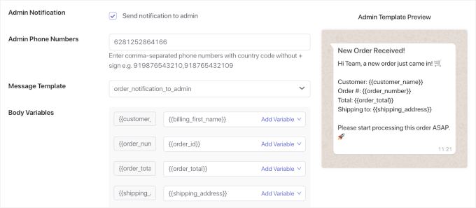 Admin details for the new order notification