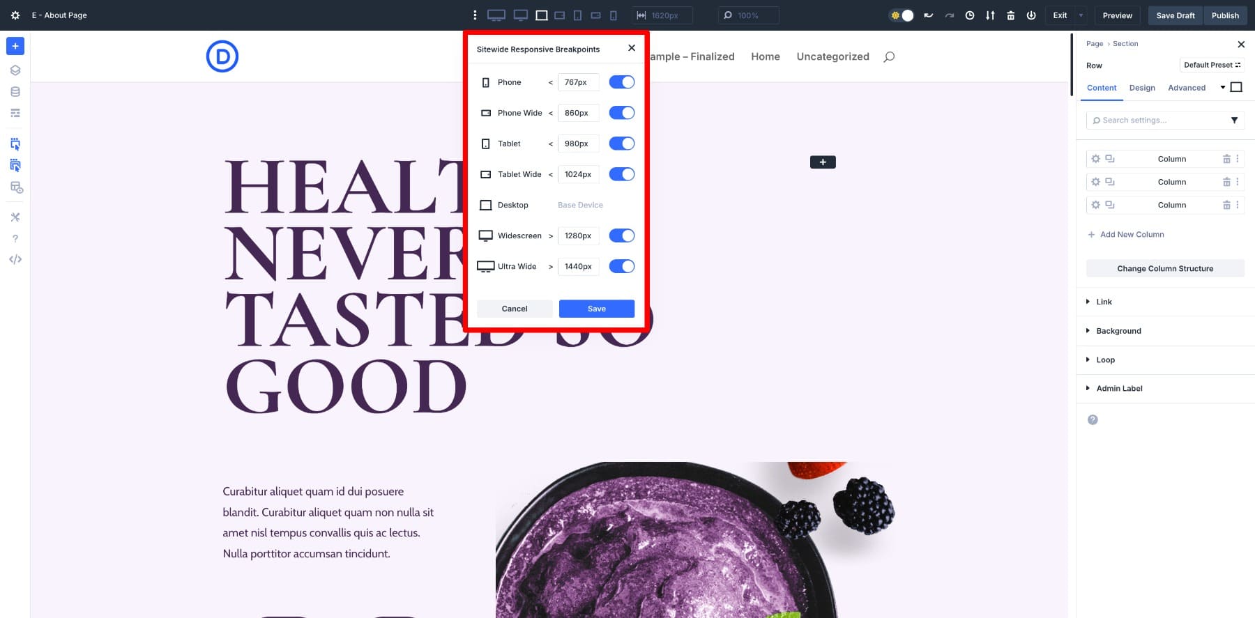 responsive breakpoints in divi