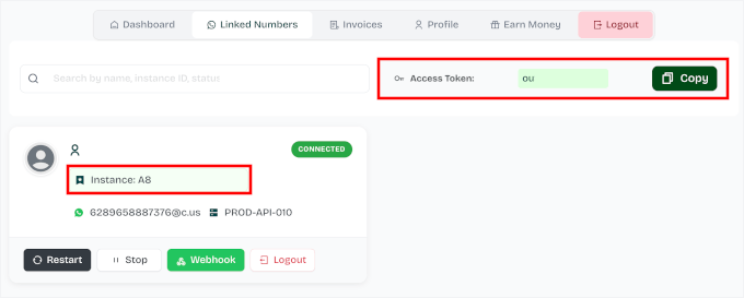Copying access token and instance id