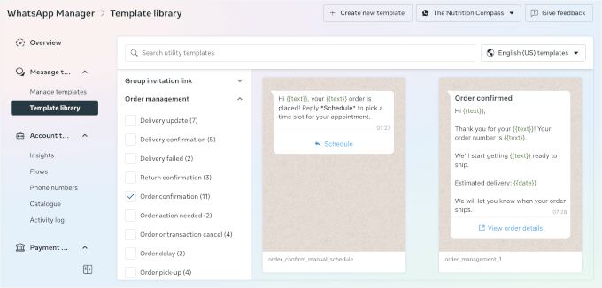 Template library in WhatsApp manager