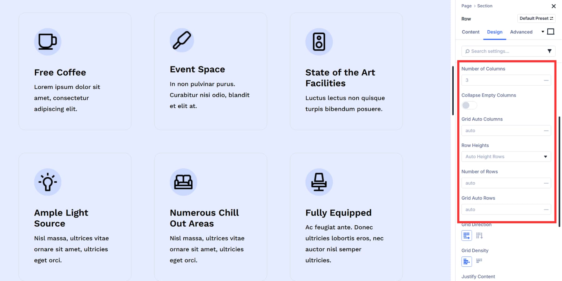 A screenshot of column and row settings in Divi 5's grid settings