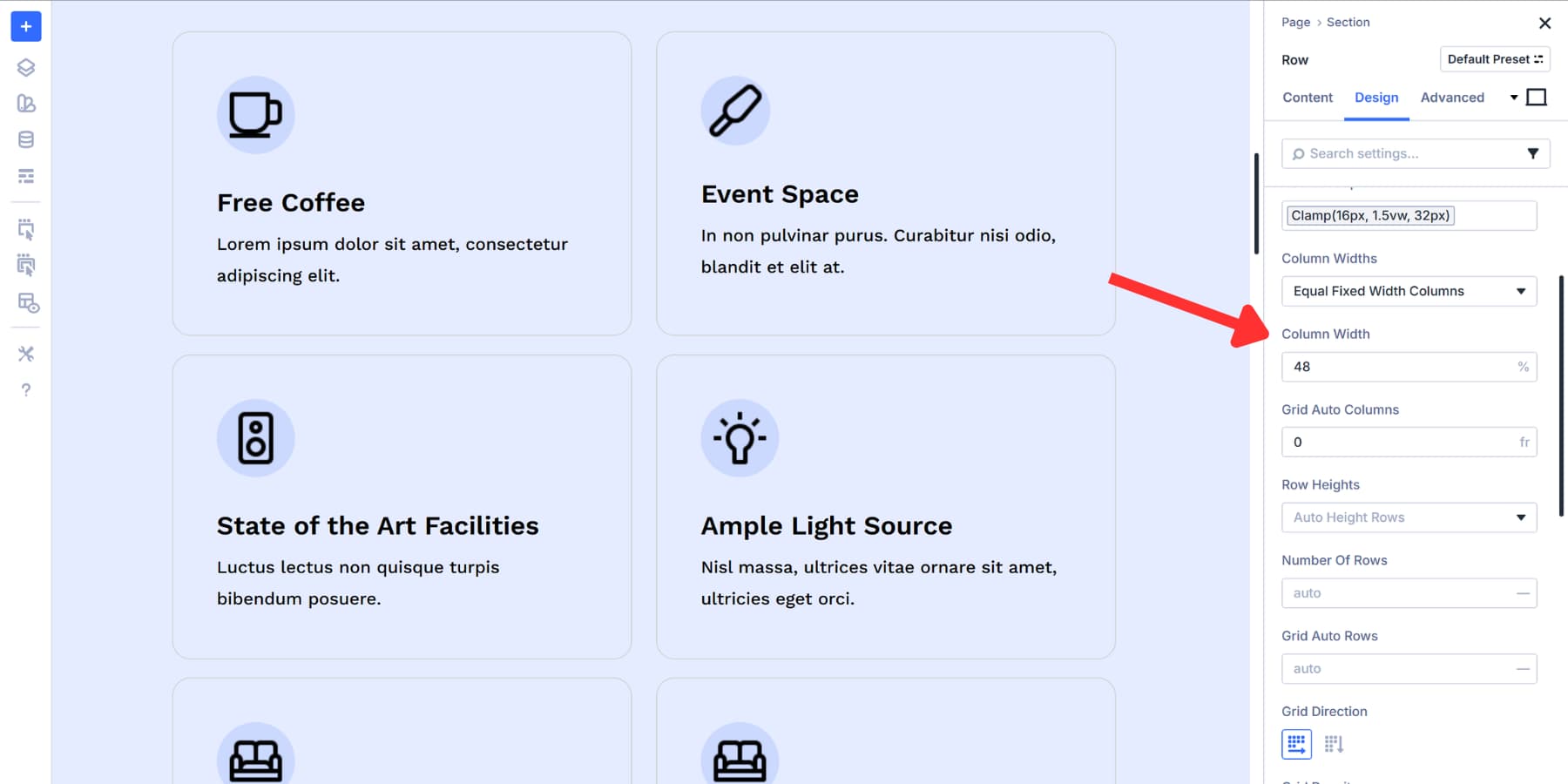 A screenshot of how equal fixed width columns with column width set as 48% render in Divi 5