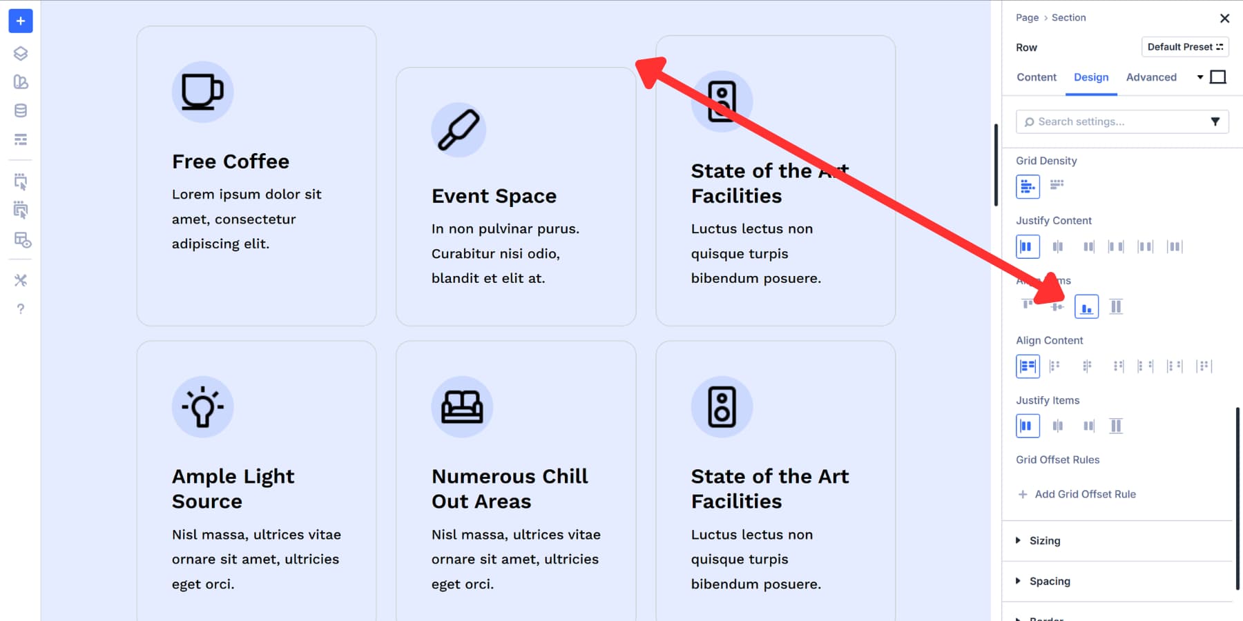 A screenshot of how the end grid align items in Divi 5