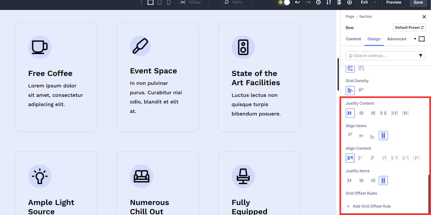 A screenshot of justify and alignment settings in Divi 5's grid settings
