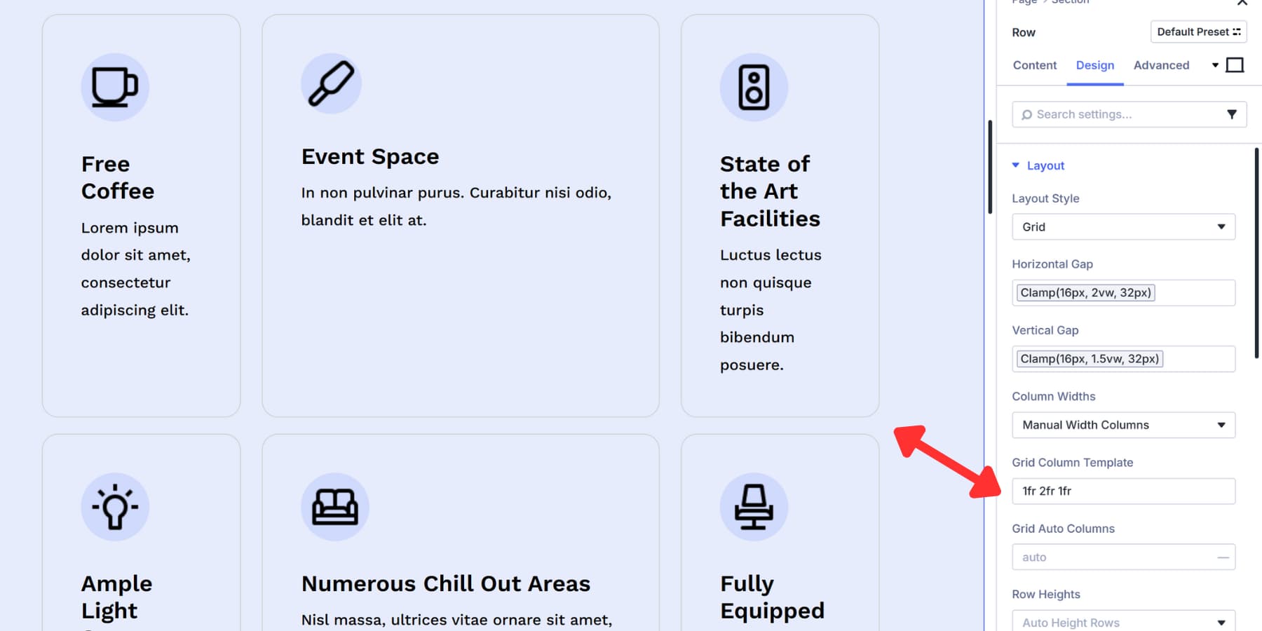A screenshot of the column widths option selected as manual and with fr values in Divi 5