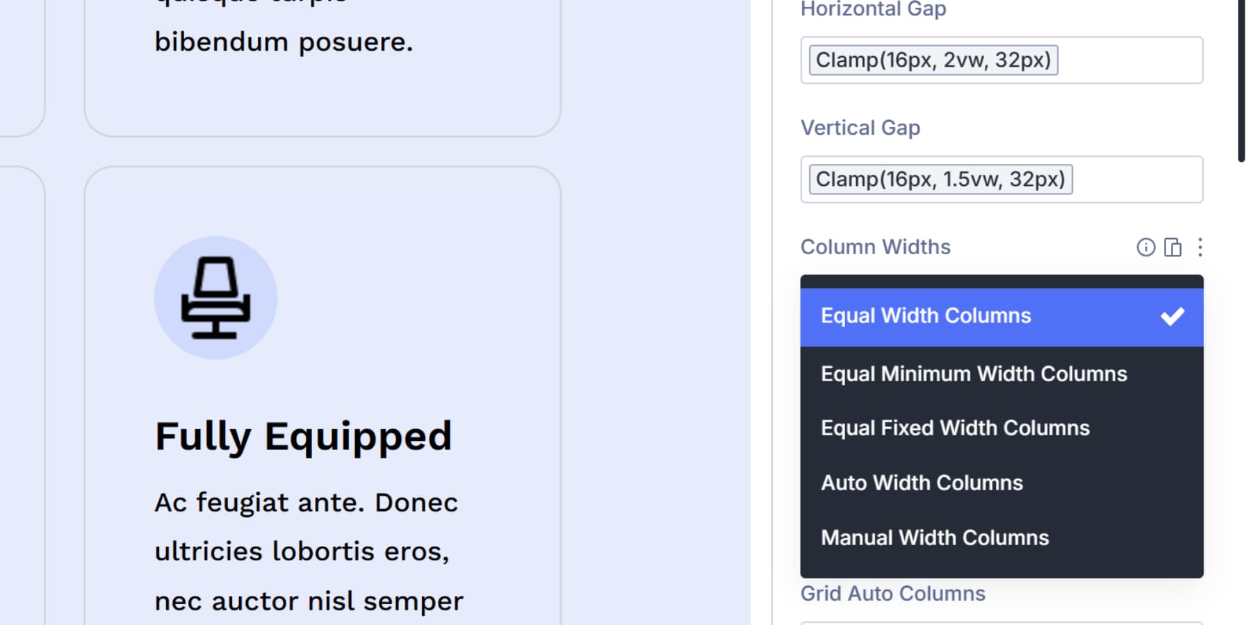 A screenshot of the column widths options in Divi 5