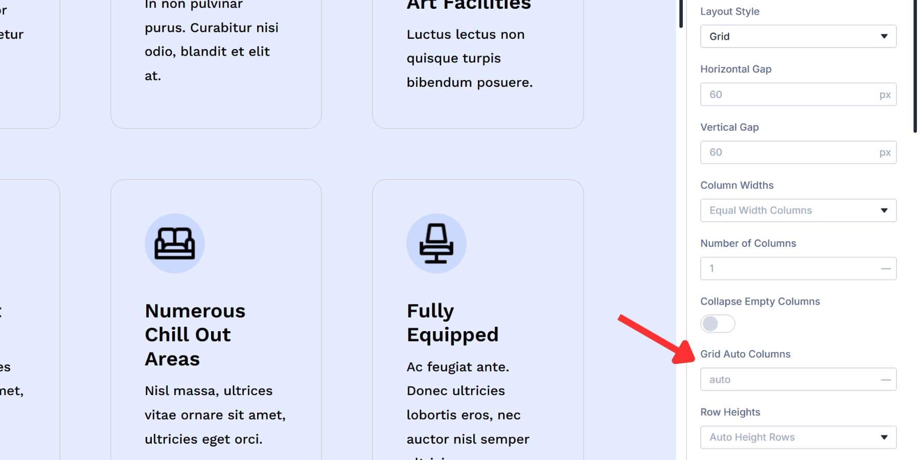 A screenshot of the grid auto columns option in Divi 5's grid options