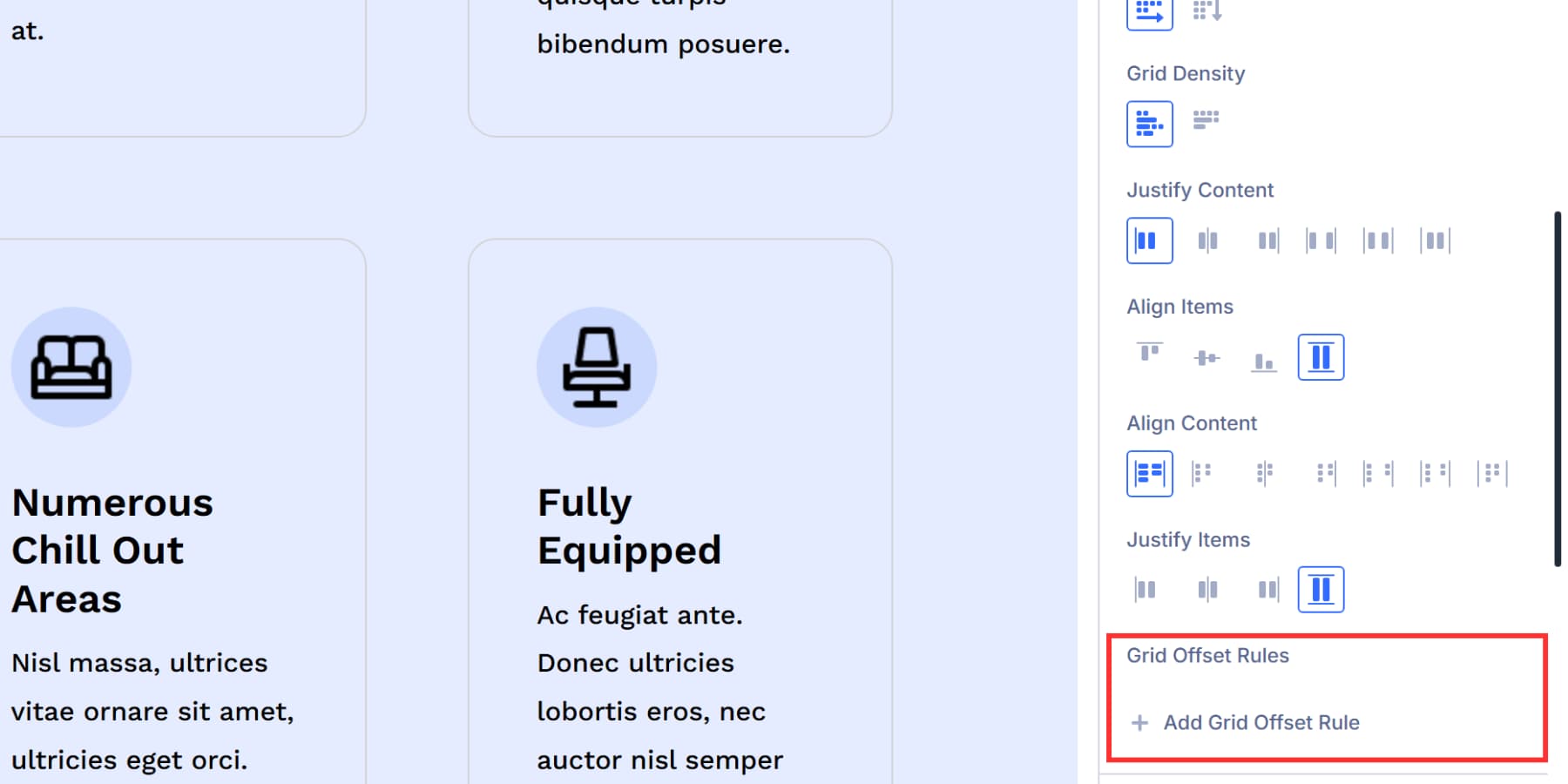 A screenshot of the grid offset rules option in Divi 5's grid options