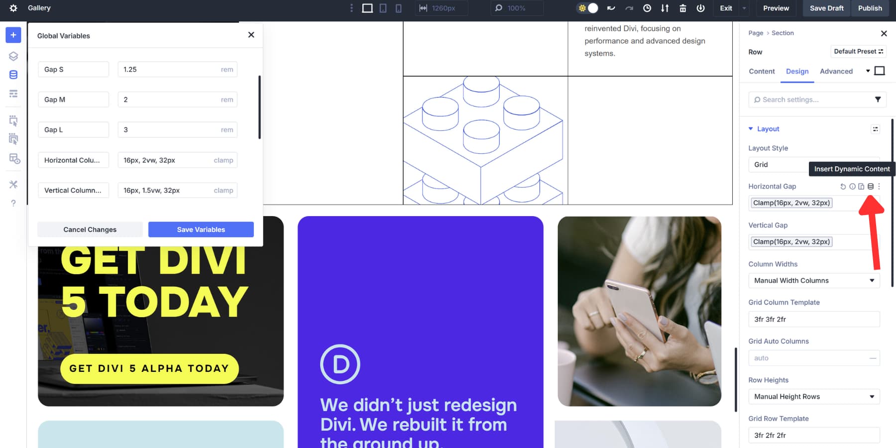 A screenshot of the how to add grid spaces using global variables in Divi 5