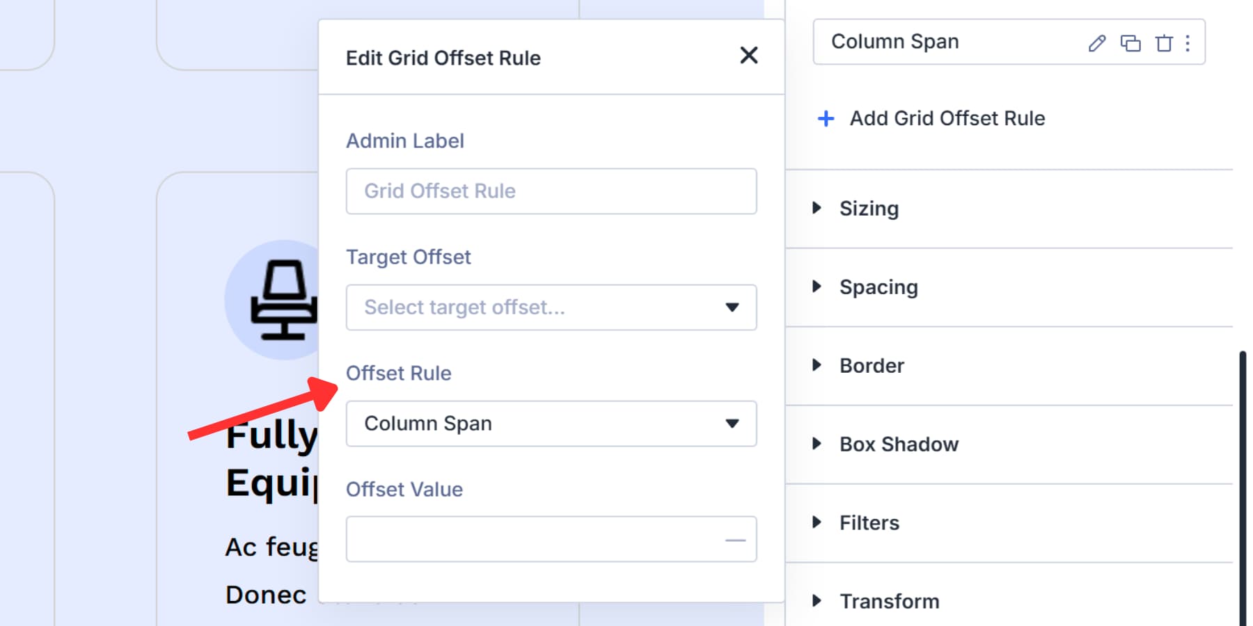 A screenshot of the target offset rule under grid offset rules in Divi 5