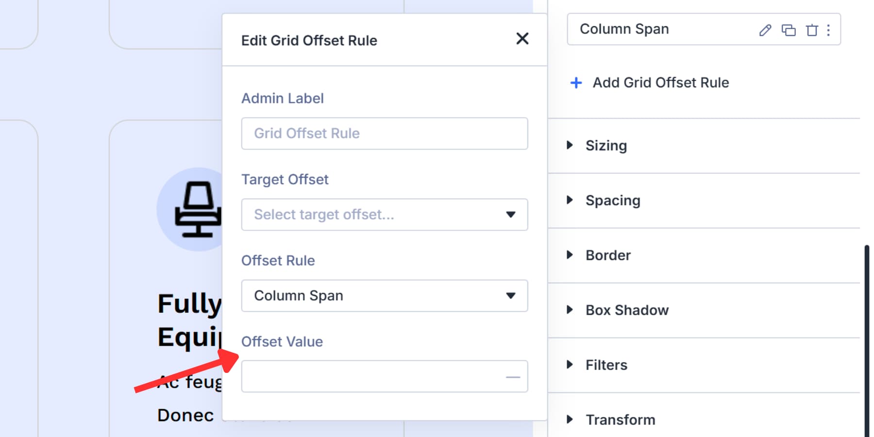 A screenshot of the target offset value under grid offset rules in Divi 5