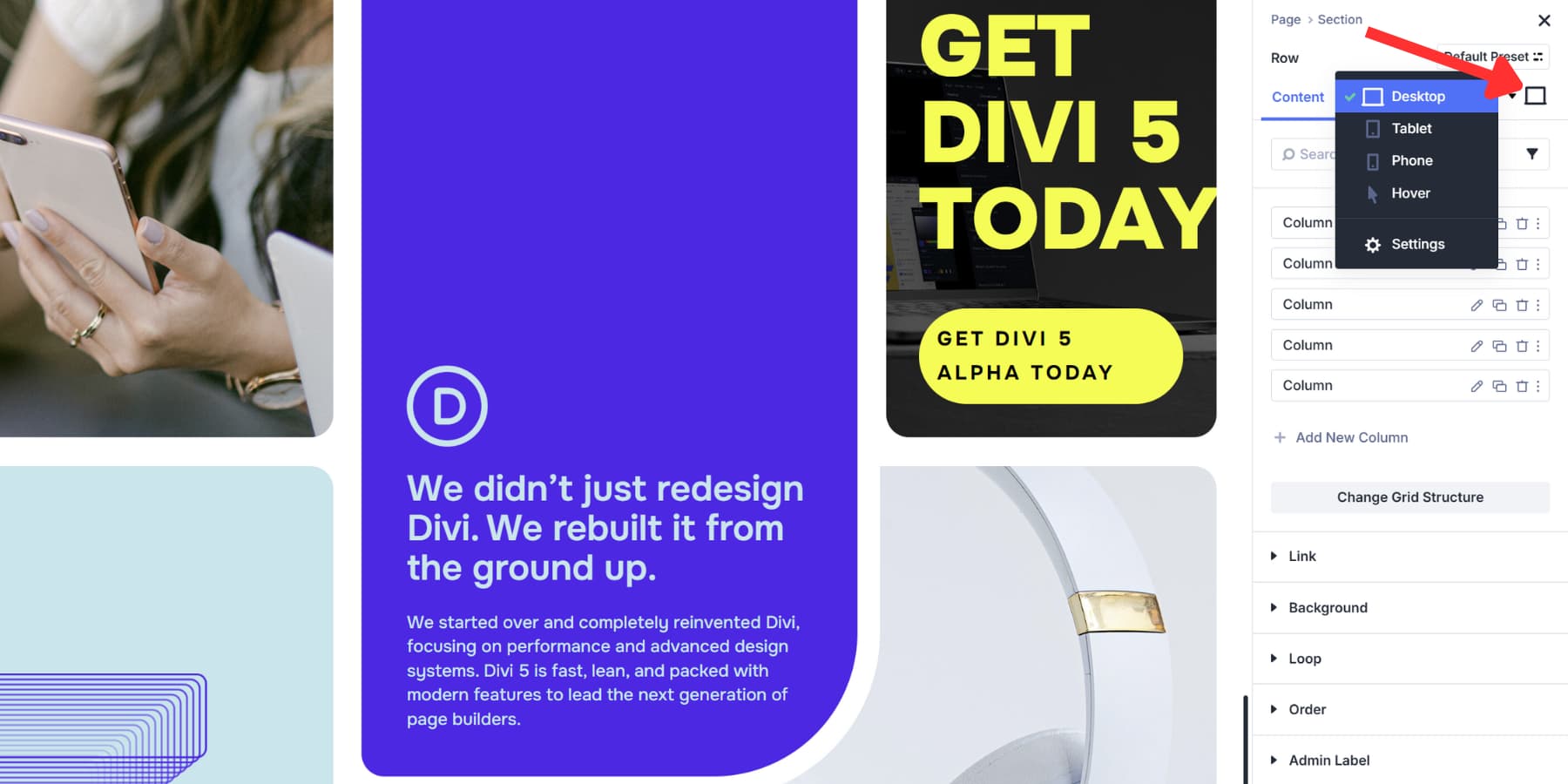 A screenshot of where to find the breakpoint option in Divi 5's interface
