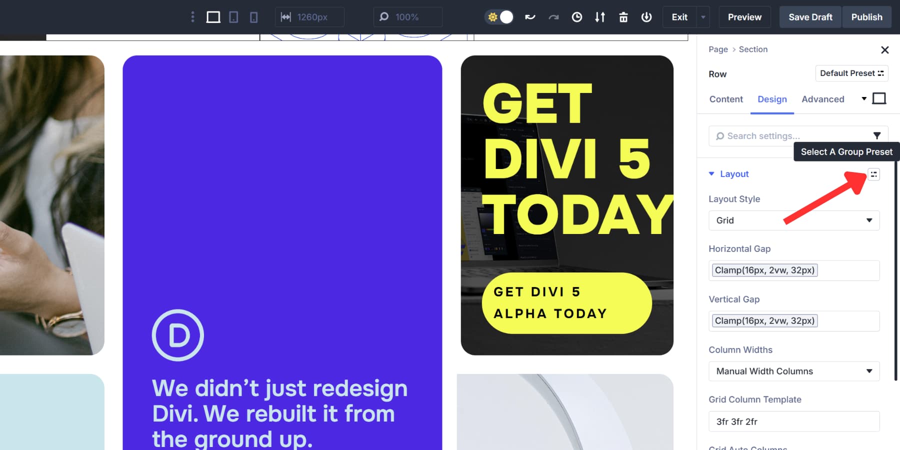 A screenshot of where to find the option group preset icon in Divi 5's interface for saving the grid presets