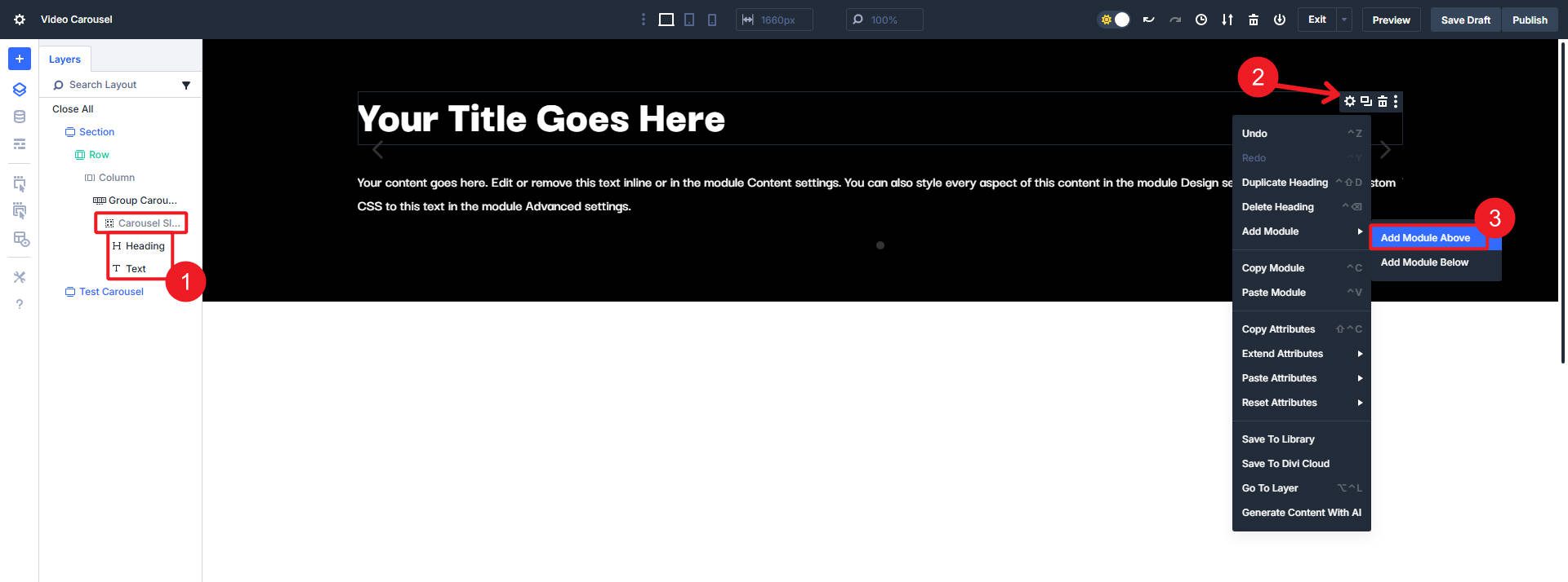 Add Modules to Carousel Slide Group (Video, Heading, and Text)