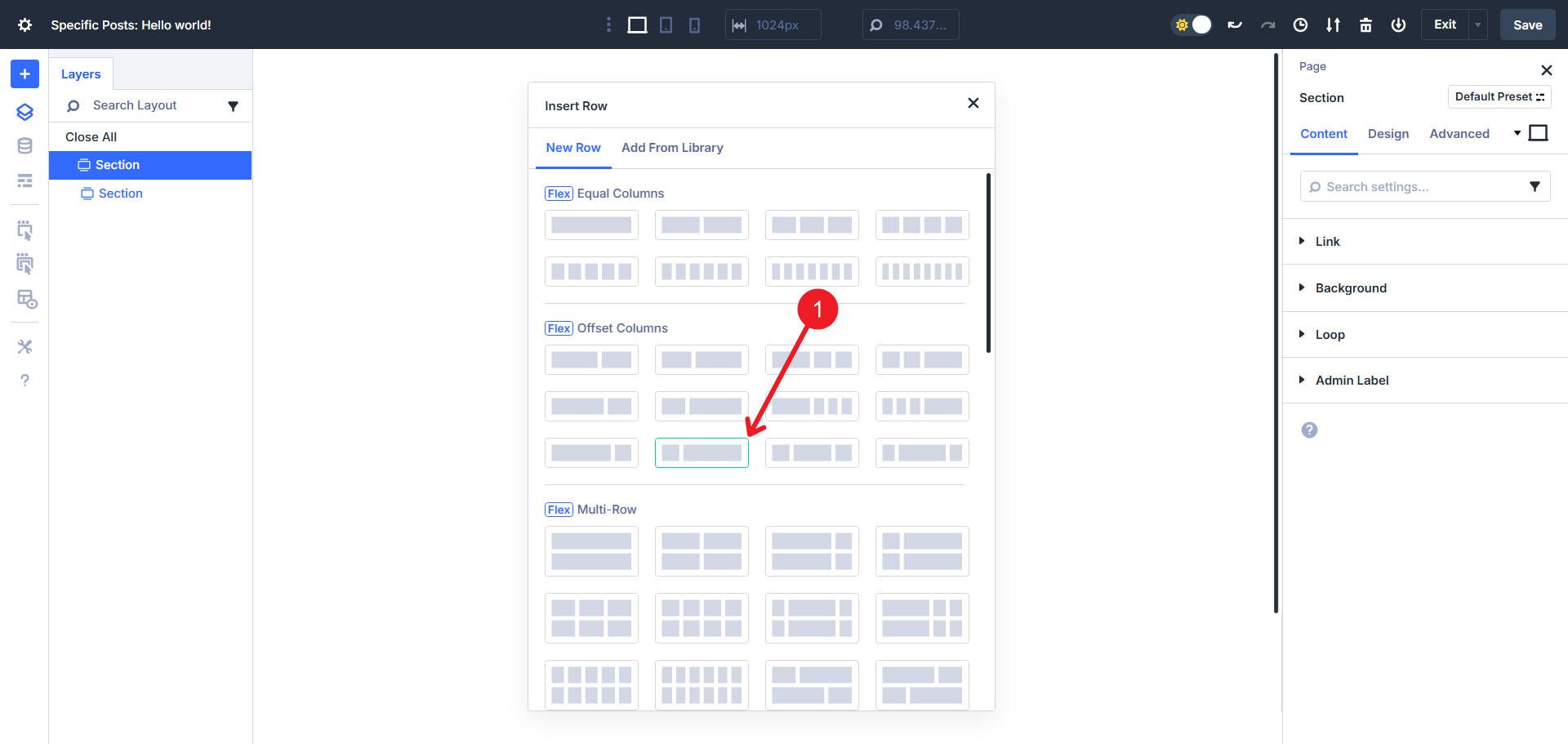 Add a 2 column row to the section and choose the offset column default structure