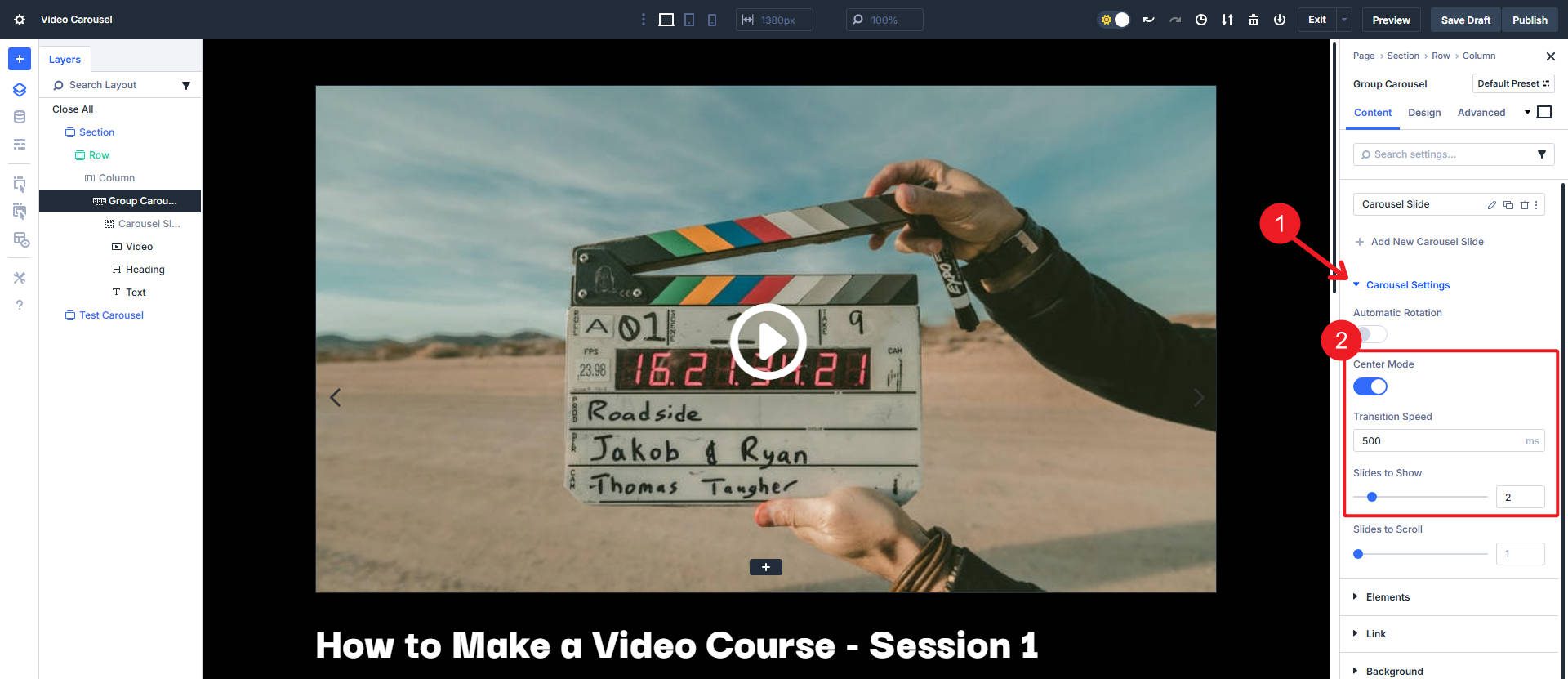 Carousel Settings Set to Center Mode and Slides to Show at Two