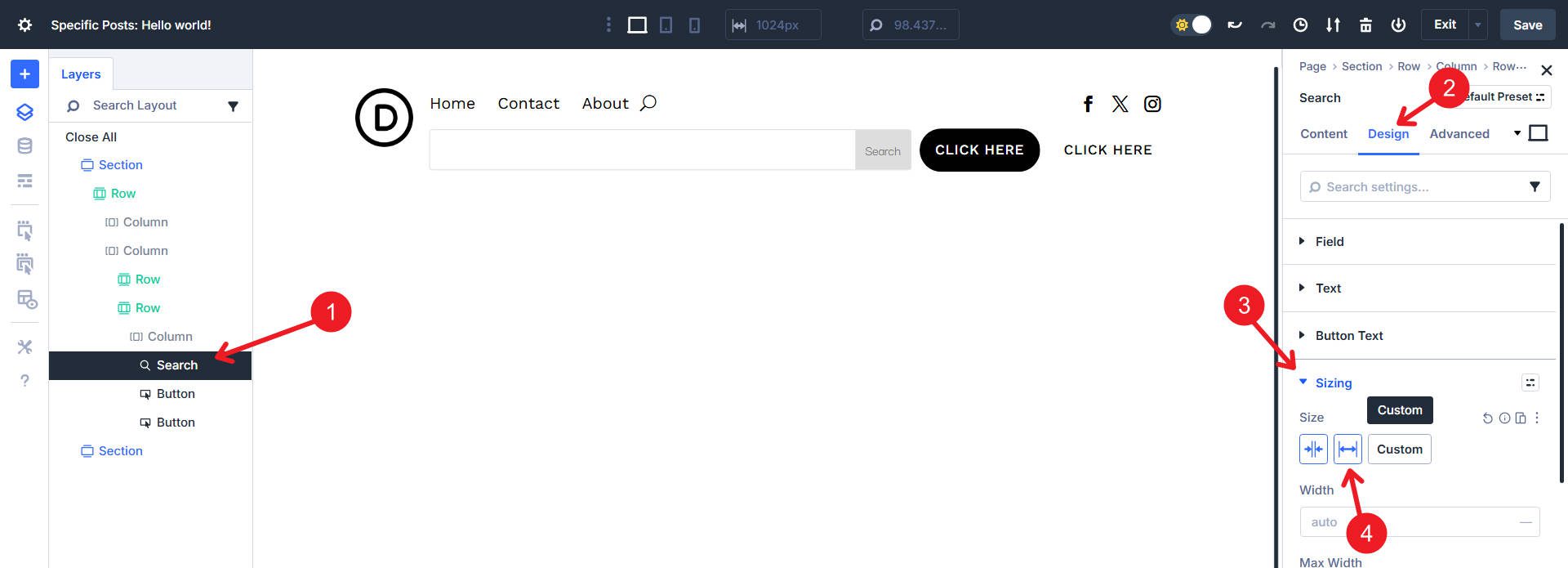 Search Module set to Grow to FIll in sizing options