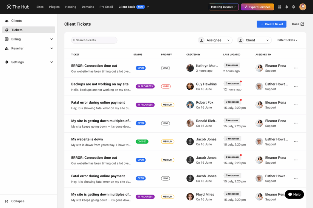 Client support tickets in The Hub