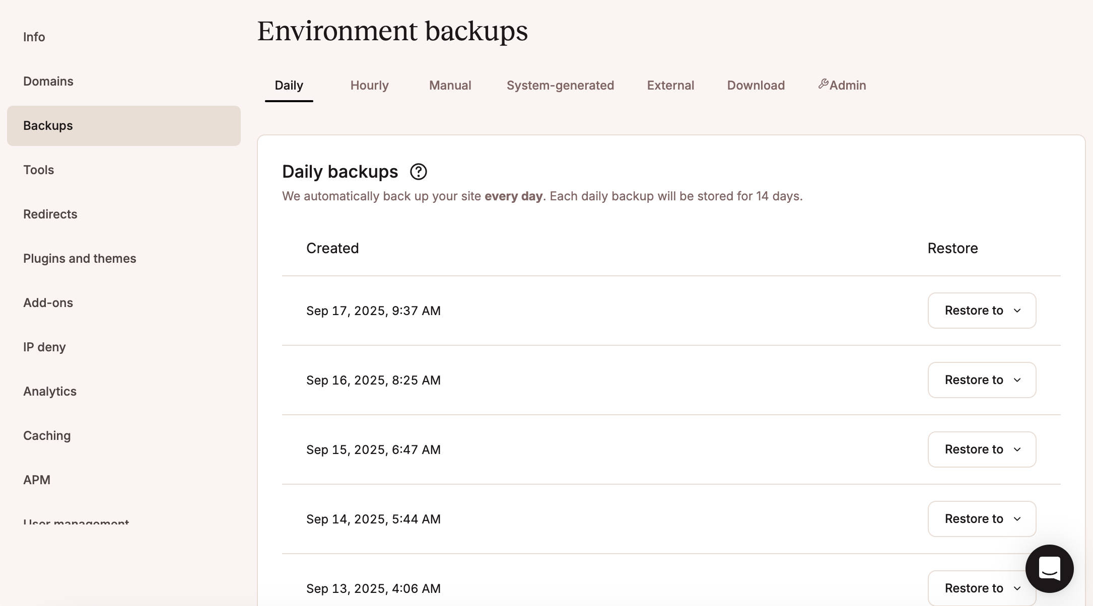 A screenshot of Kinsta daily backups in MyKinsta