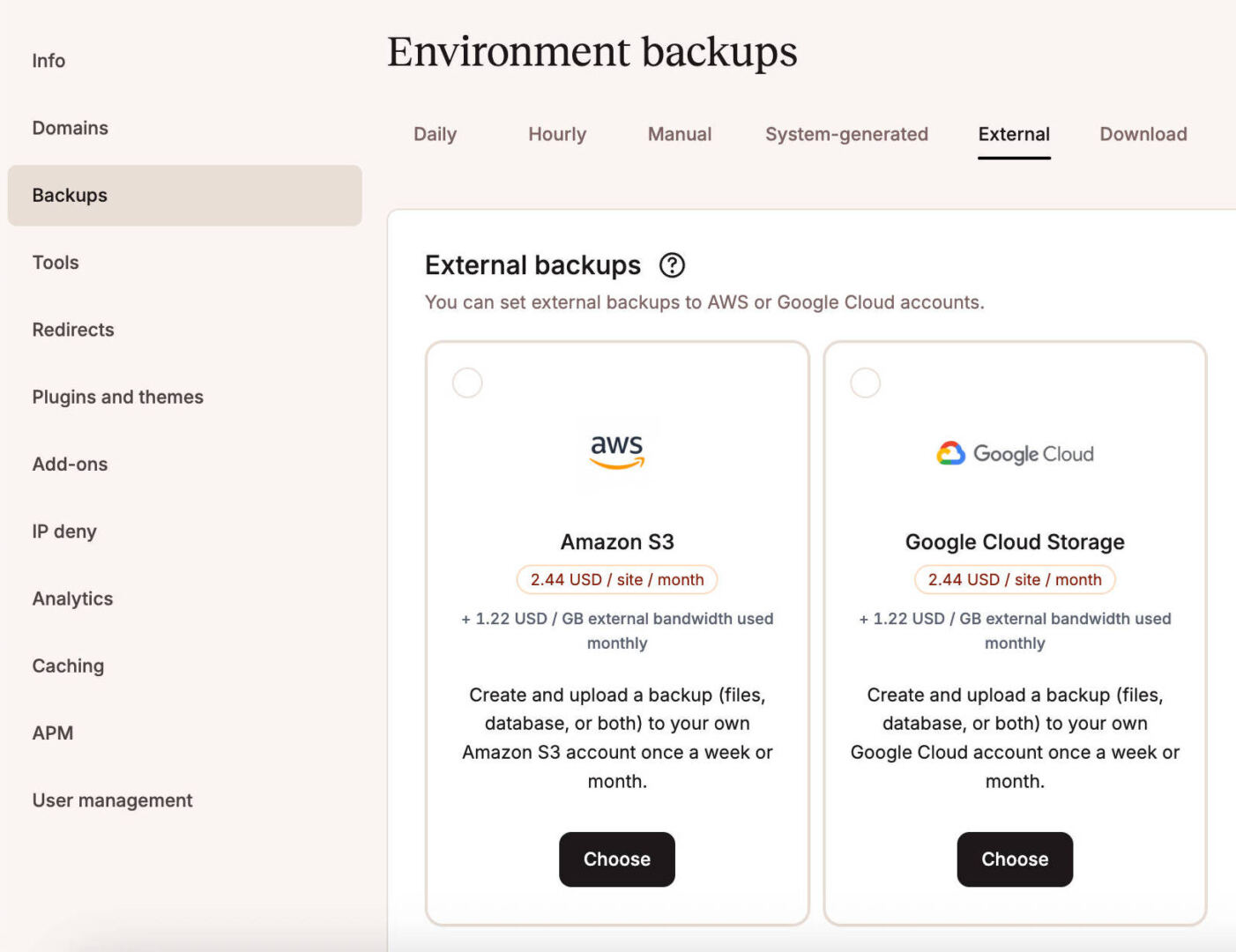A screenshot of Kinsta external backups in MyKinsta