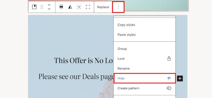 Hide a block in WordPress 6.9