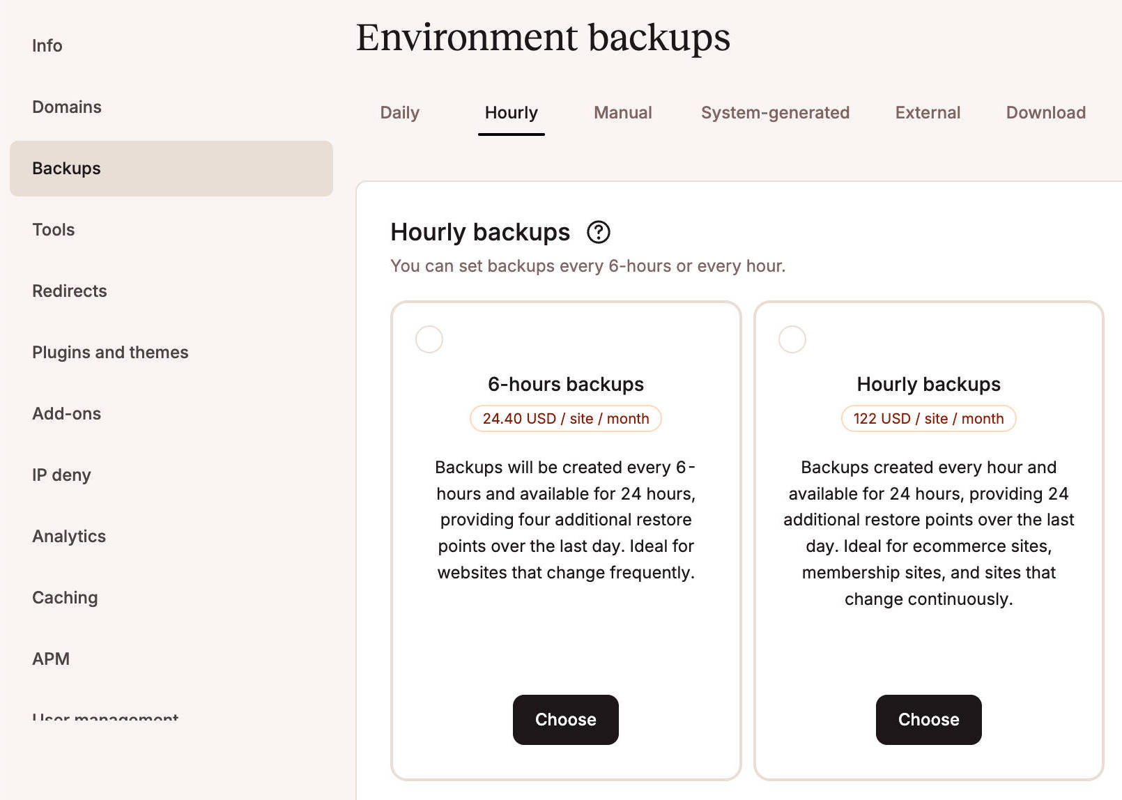 A screenshot of hourly backups in MyKinsta
