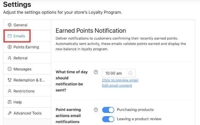 Loyalty program email settings