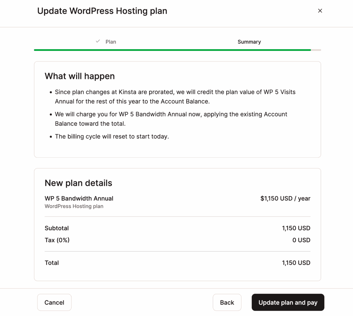 A screenshot showing a review of the changes about to be made when updating a hosting plan.